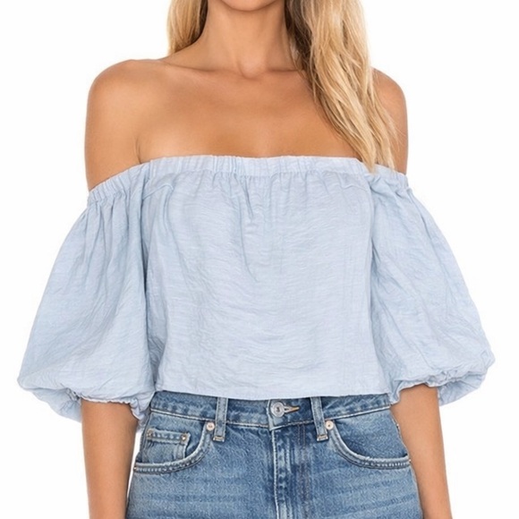 Elodie Tops - Elodie Strapless Off the Shoulder Puff Sleeve Blue Crop Shirt Blouse Cowgirl